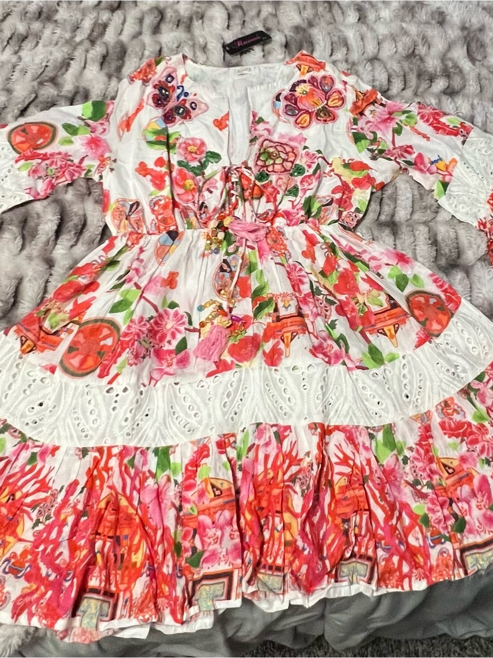 Beaded Floral Eyelet Tiered Dress - White with Pink & Coral Print